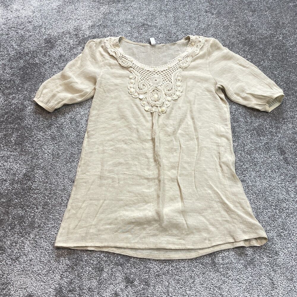 L&B Blouse Shirt Womens Small Beige 3/4 Sleeve Crochet Pullover Ladies Top